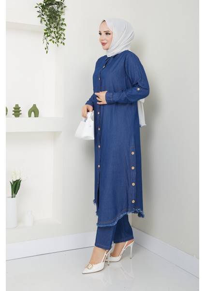 Kadın Ahşap Düğme Detaylı Pantolonlu Ikili Kot Takım