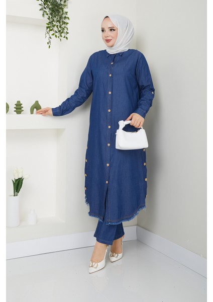 Kadın Ahşap Düğme Detaylı Pantolonlu Ikili Kot Takım fiyatları