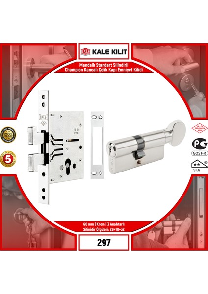 Kale Kilit Mandallı Standart Silindirli Champion Kancalı Çelik Kapı Emniyet Kilidi| 297 | 60 mm | Krom | 3 Anahtarlı | 29700000001