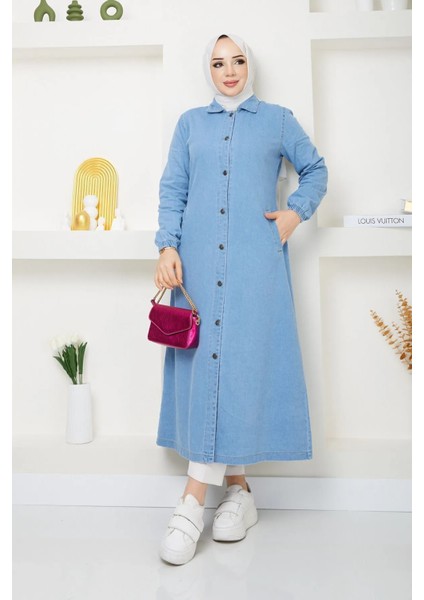 Kadın Denim Düğme Kapamalı Tesettür Kot Kap