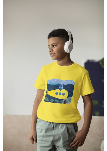 Erkek Çocuk Pamuk Denizaltı Baskılı Kısa Kol Tshirt
