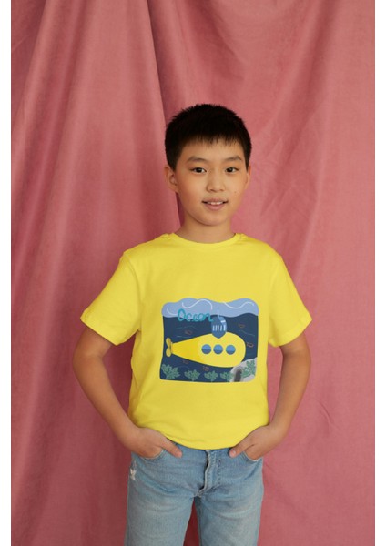 Erkek Çocuk Pamuk Denizaltı Baskılı Kısa Kol Tshirt modelleri