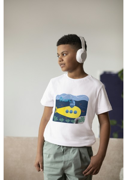 Erkek Çocuk Pamuk Denizaltı Baskılı Kısa Kol Tshirt