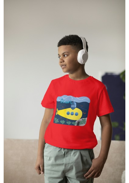 Erkek Çocuk Pamuk Denizaltı Baskılı Kısa Kol Tshirt