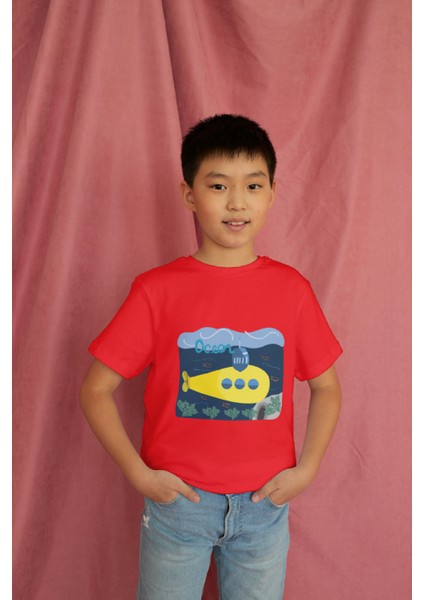 Erkek Çocuk Pamuk Denizaltı Baskılı Kısa Kol Tshirt modelleri