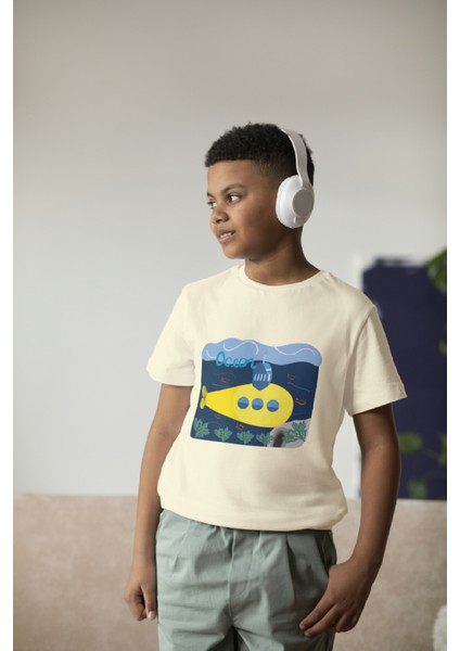 Erkek Çocuk Pamuk Denizaltı Baskılı Kısa Kol Tshirt