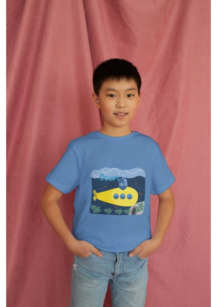 Erkek Çocuk Pamuk Denizaltı Baskılı Kısa Kol Tshirt