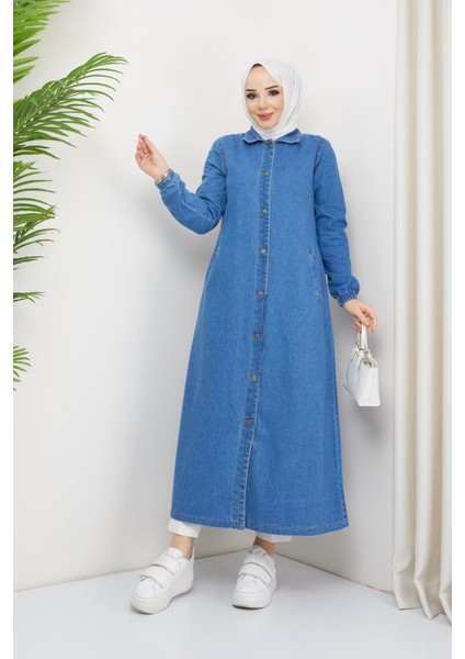 Kadın Denim Düğme Kapamalı Tesettür Kot Kap modelleri
