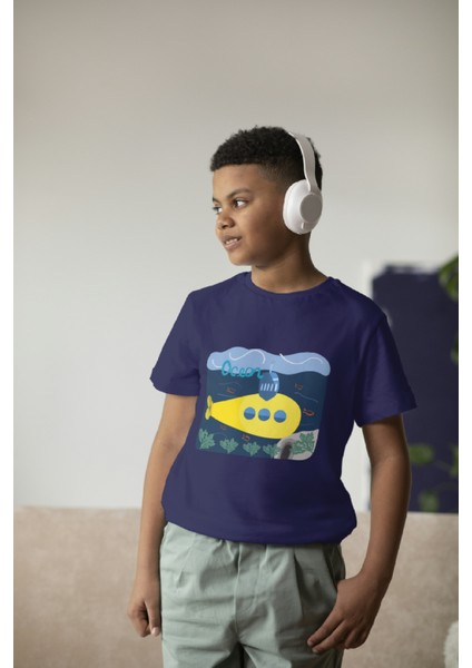 Erkek Çocuk Pamuk Denizaltı Baskılı Kısa Kol Tshirt
