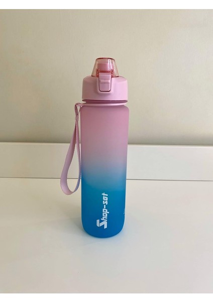 1000 ml Tritan Motivasyonlu Su Matarası Süzgeçli (Pembe-Turkuaz Mavi)