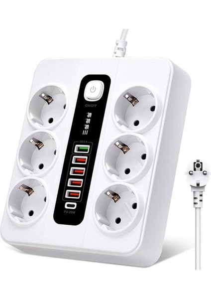 Termal Akım Korumalı 3000W 6 Lı Priz 2 Metre Uzatma Kablosu Çoklu Priz 5 USB 1 Type C Pd Giriş
