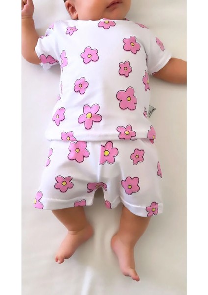 Bebek Pijama Takımı Kısakol Şort Çiçek Desen Pamuk Yenidoğan Çocuk Pijama
