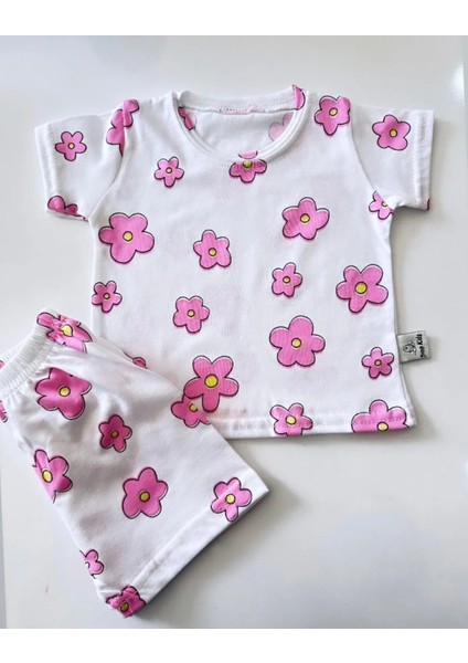Bebek Pijama Takımı Kısakol Şort Çiçek Desen Pamuk Yenidoğan Çocuk Pijama
