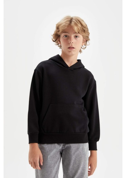 Erkek Çocuk Siyah Cepli Kapüşonlu Kalın Basic Düz Okul Sweatshirt C7564A824AU