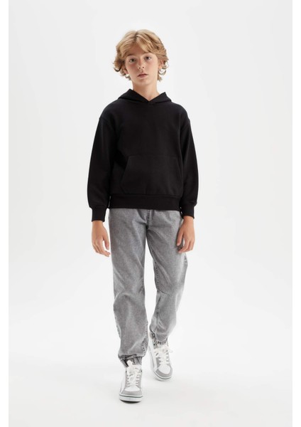Erkek Çocuk Siyah Cepli Kapüşonlu Kalın Basic Düz Okul Sweatshirt C7564A824AU