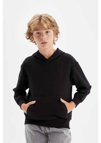 Erkek Çocuk Siyah Cepli Kapüşonlu Kalın Basic Düz Okul Sweatshirt C7564A824AU