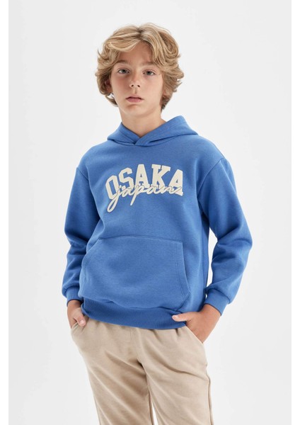Erkek Çocuk Mavi Baskılı Kapüşonlu Cepli Sweatshirt C9787A824AU
