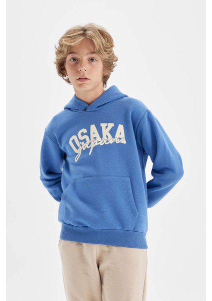 Erkek Çocuk Mavi Baskılı Kapüşonlu Cepli Sweatshirt C9787A824AU