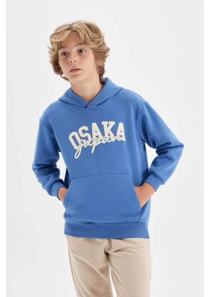Erkek Çocuk Mavi Baskılı Kapüşonlu Cepli Sweatshirt C9787A824AU