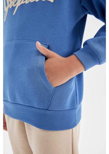 Erkek Çocuk Mavi Baskılı Kapüşonlu Cepli Sweatshirt C9787A824AU