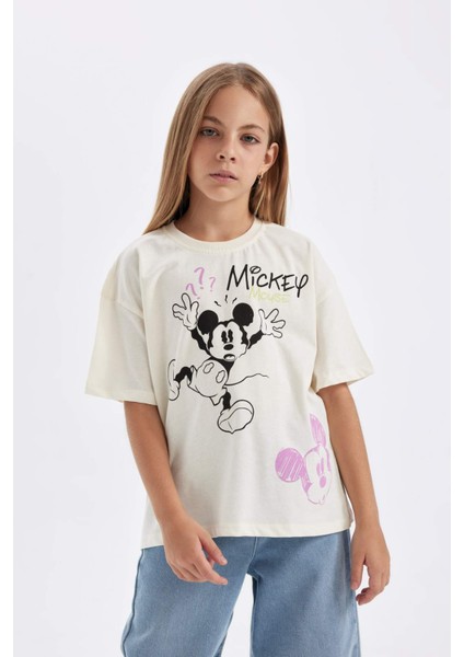 Kız Çocuk Disney Mickey & Minnie Oversize Geniş Kalıp Bisiklet Yaka Kısa Kollu Tişört C7354A824AU