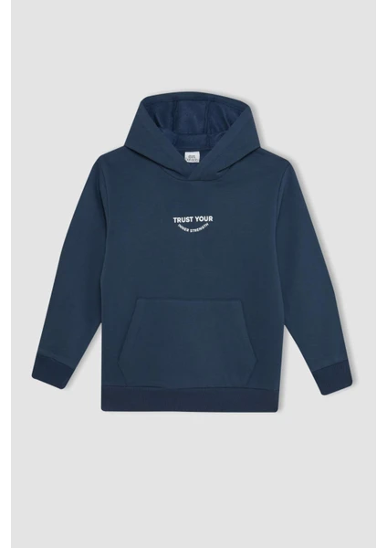 Erkek Çocuk Cepli Yazı Baskılı Kapüşonlu Kalın Okul Sweatshirt C7567A824WN