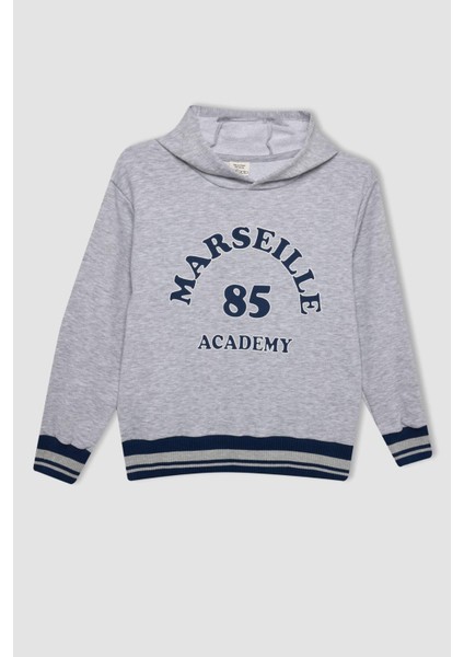 Erkek Çocuk Gri Yazı Baskılı Kapüşonlu Kalın Sweatshirt C9788A824AU