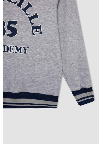 Erkek Çocuk Gri Yazı Baskılı Kapüşonlu Kalın Sweatshirt C9788A824AU