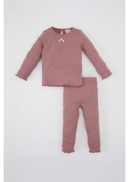 Kız Bebek 2'li Takım Çiçekli Fitilli Kaşkorse Uzun Kollu Tişört Üst Beli Lastikli Alt Y1122A224AU