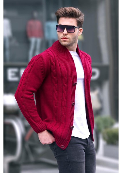 Bordo Renkli Erkek Hırka Örgü Detaylı %65 Pamuk %35 Polyester L Beden