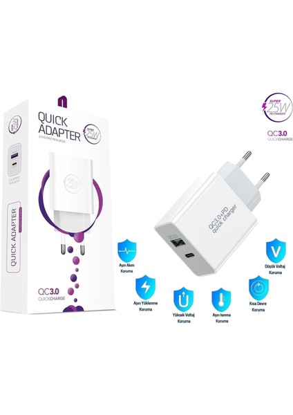 Asus Zenfone Ar Uyumlu 25W Ultra Hızlı Çoklu Şarj Cihazı Adaptör Qualcomm3.0 + PD - İthalatçı Garantili