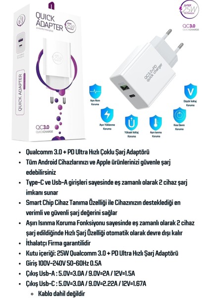 Casper Via P3 Uyumlu 25W Ultra Hızlı Çoklu Şarj Cihazı Adaptör Qualcomm3.0 + PD - İthalatçı Garantili