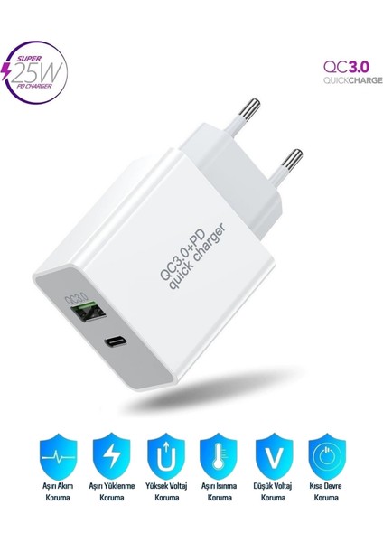 Samsung Galaxy M16 Uyumlu 25W Ultra Hızlı Çoklu Şarj Cihazı Adaptör Qualcomm3.0 + PD - İthalatçı Garantili