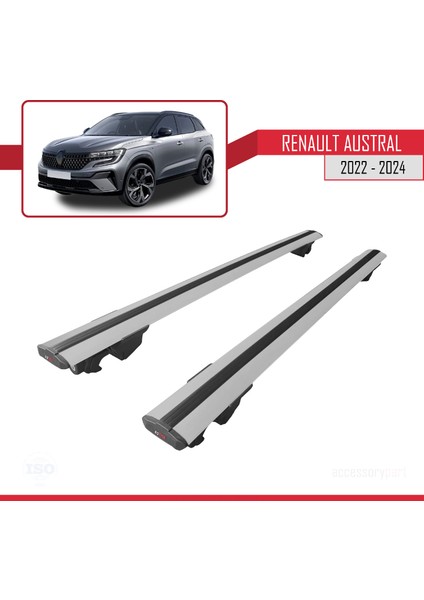 Renault Austral 2022 ve Sonrası ile Uyumlu Hook Model Anahtar Kilitli Ara Atkı Tavan Barı Gri