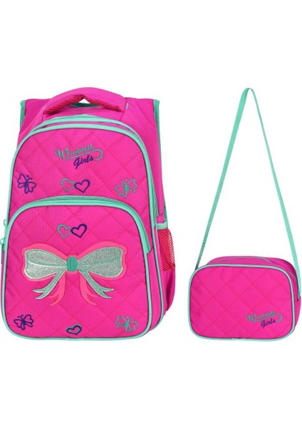 Lisanslı Pembe Papyon Desenli Ilkokul Sırt Çantası ve Beslenme Çantası 2029