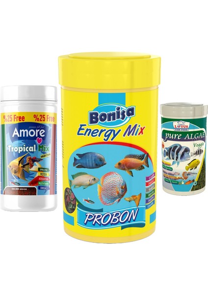 Tropical Mix 125ml, Bonisa Probon Energy 250ml, Pure Algae Pro 100ml Tropik Balık Yemi Set