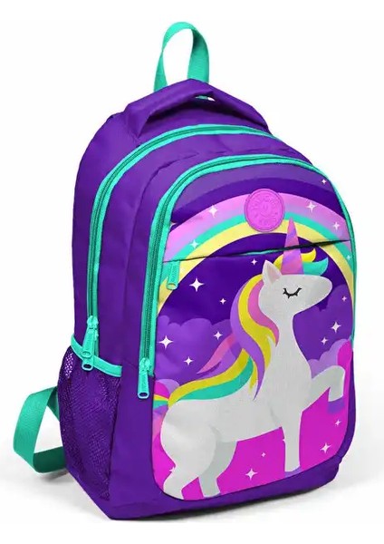 Kids Mor Su Yeşili Unicorn Desenli Üç Bölmeli Okul Sırt Çantası 14376