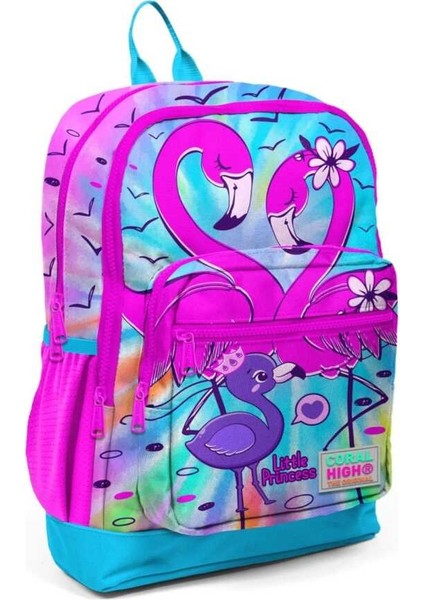 Kids Mavi Pembe Flamingo Desenli Dört Bölmeli Okul Sırt Çantası 23730