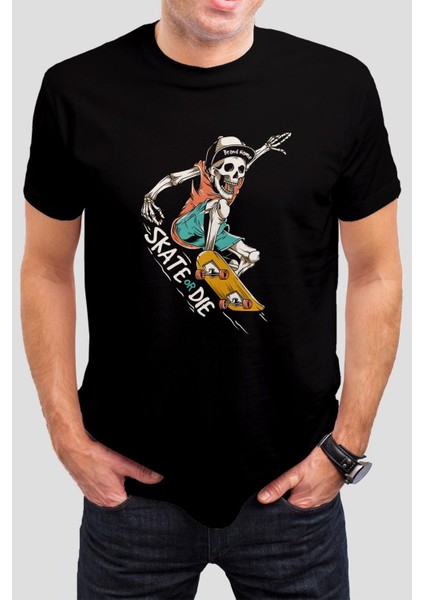 Skate Or Die Baskılı Siyah Tişört C818