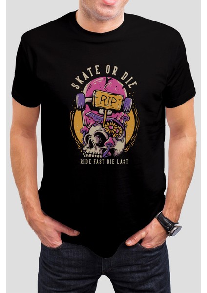 Skate Or Die Baskılı Siyah Tişört C816