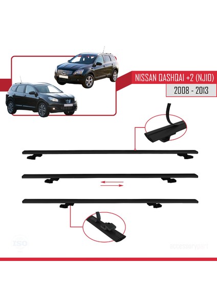 Nissan Qashqai +2 (NJ10) 2008-2013 Arası ile Uyumlu Basıc Model Ara Atkı Tavan Barı Siyah