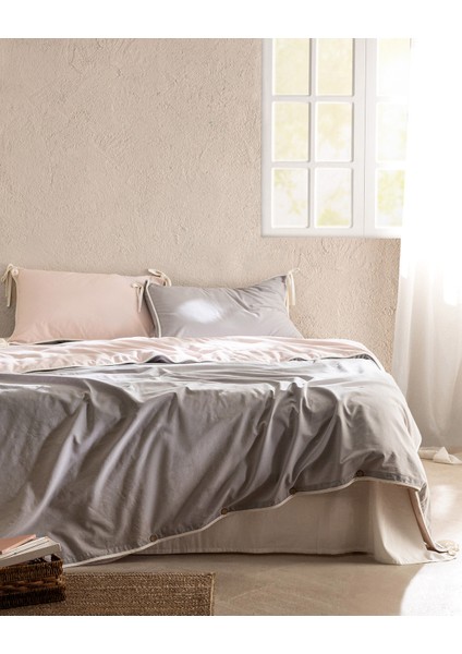 Aimon King Size %100 Pamuk Yıkamalı Bağlamalı Nevresim Takımı - Gri/Pudra