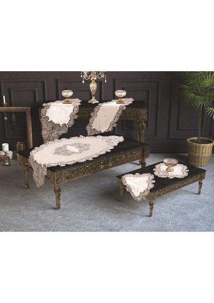 Güpürlü Yasemin Kadife Salon Takımı 5 Parça Krem 161496