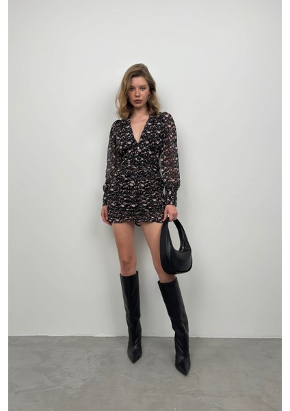 Baskılı Siyah Şifon Elbise