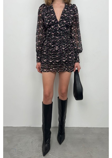 Baskılı Siyah Şifon Elbise fiyatları