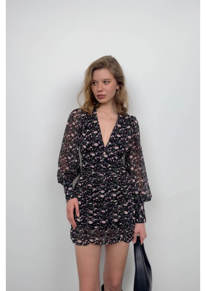 Baskılı Siyah Şifon Elbise modelleri