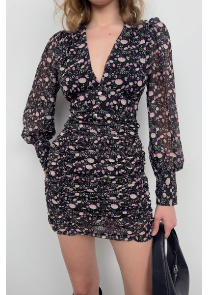 Baskılı Siyah Şifon Elbise fırsatları