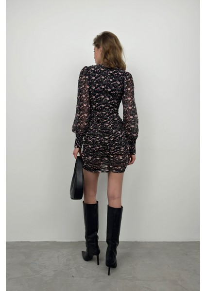 Baskılı Siyah Şifon Elbise indirimleri