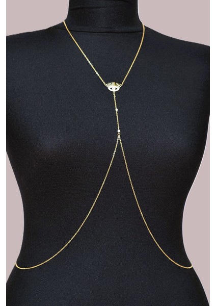 Incili Göz Figürlü Çelik Vücut Zinciri Body Chain Gold Renk