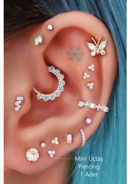 Gümüş Renkli Mini Üçtaşlı Zirkon Piercing Helix Kıkırdak Lob Conch